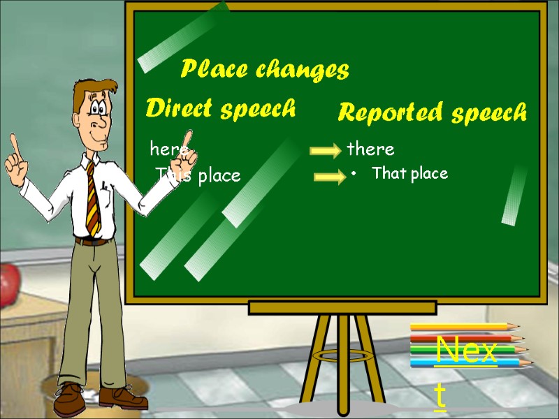 Place changes Direct speech Reported speech here there This place That place  Next